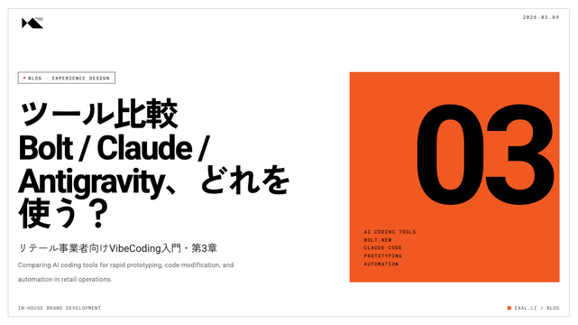 【リテール事業者向けVibeCoding入門｜第3章 】AIコーディングツール比較 Bolt / Claude / Antigravity